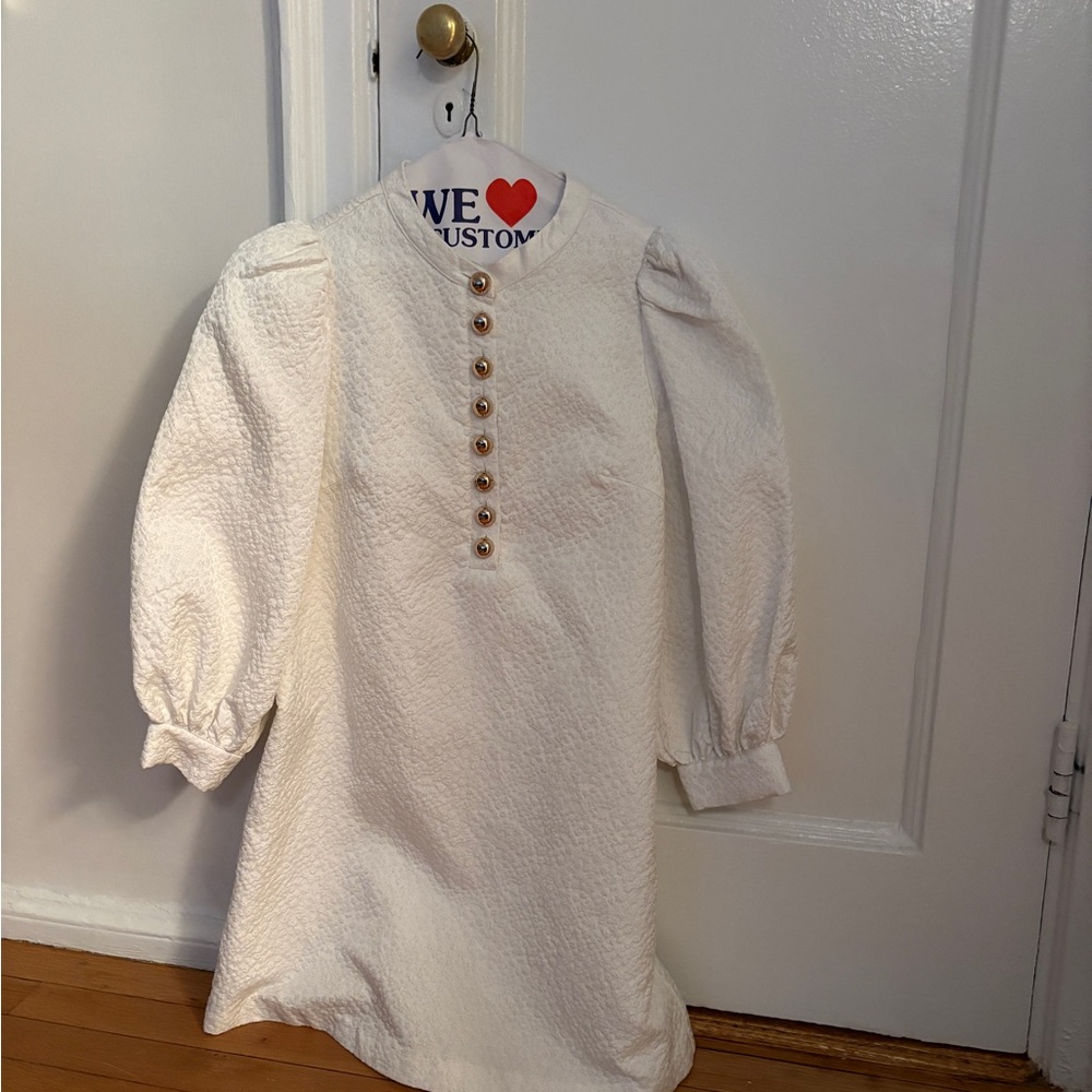 Tuckernuck White Jacquard Dress with Button Details Puff Sleeve